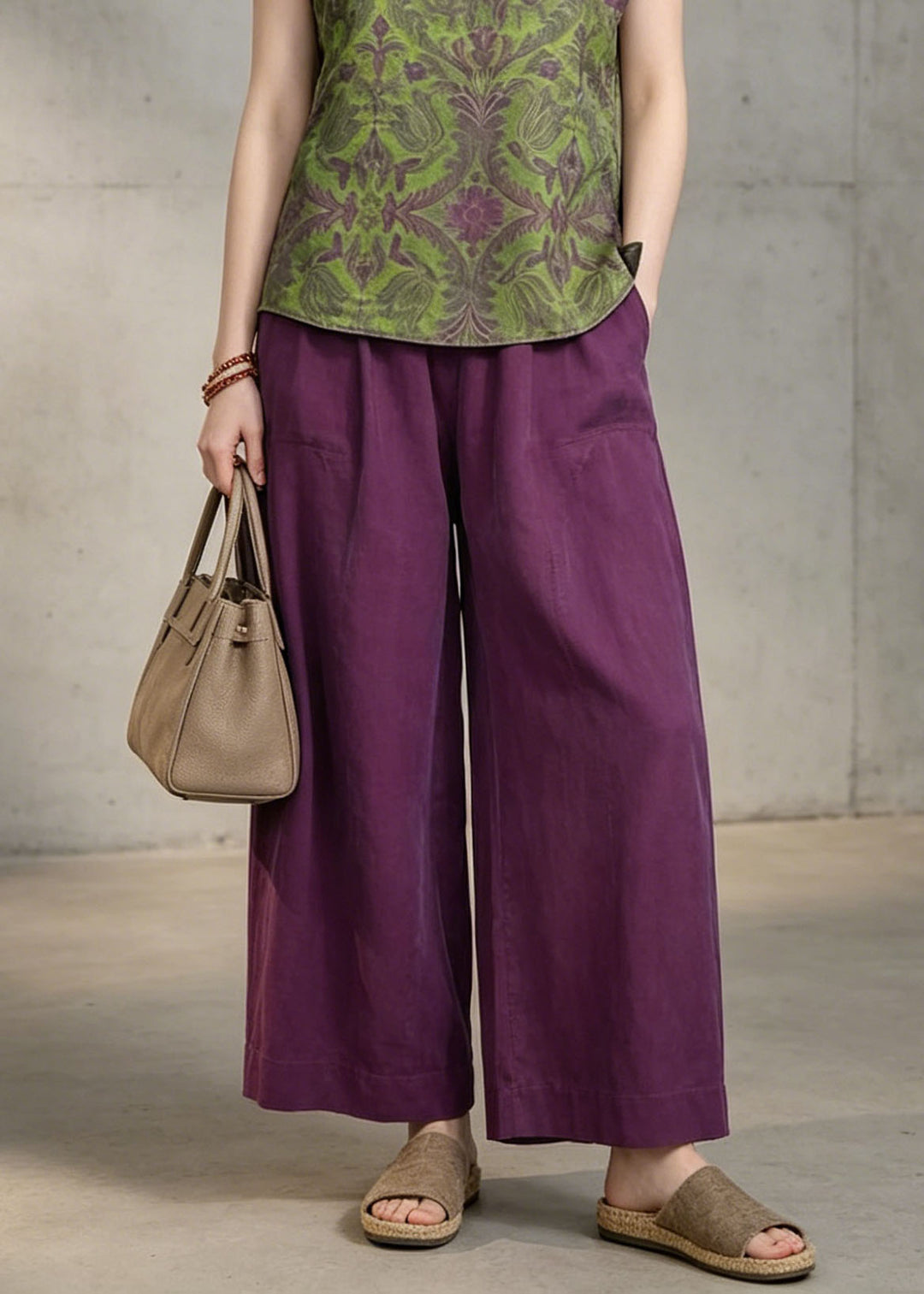 Vintage Green Print Top And Purple Pants Cotton Two Pieces Set Summer