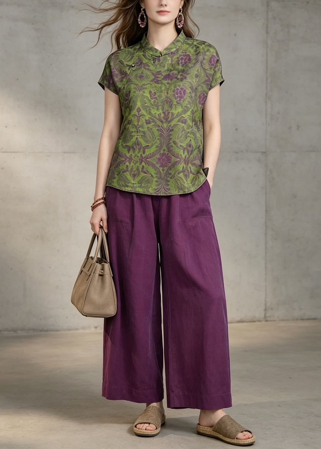 Vintage Green Print Top And Purple Pants Cotton Two Pieces Set Summer
