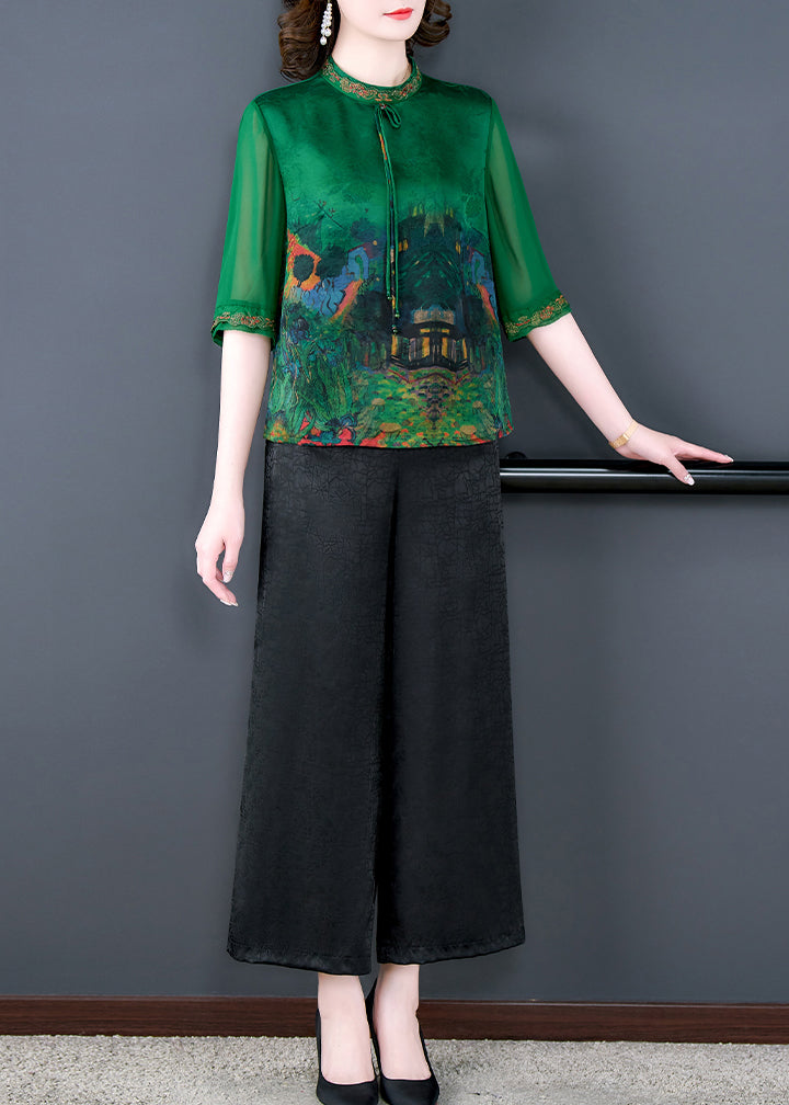 Vintage Green Print Tops And Pants Silk Two Pieces Set Summer