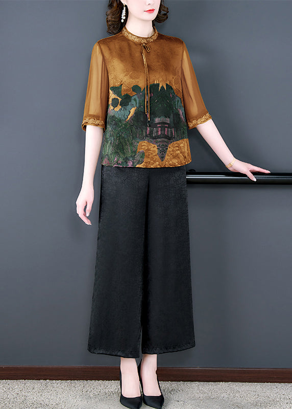 Vintage Green Print Tops And Pants Silk Two Pieces Set Summer