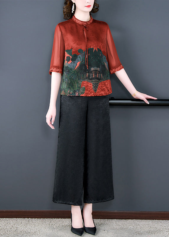 Vintage Green Print Tops And Pants Silk Two Pieces Set Summer