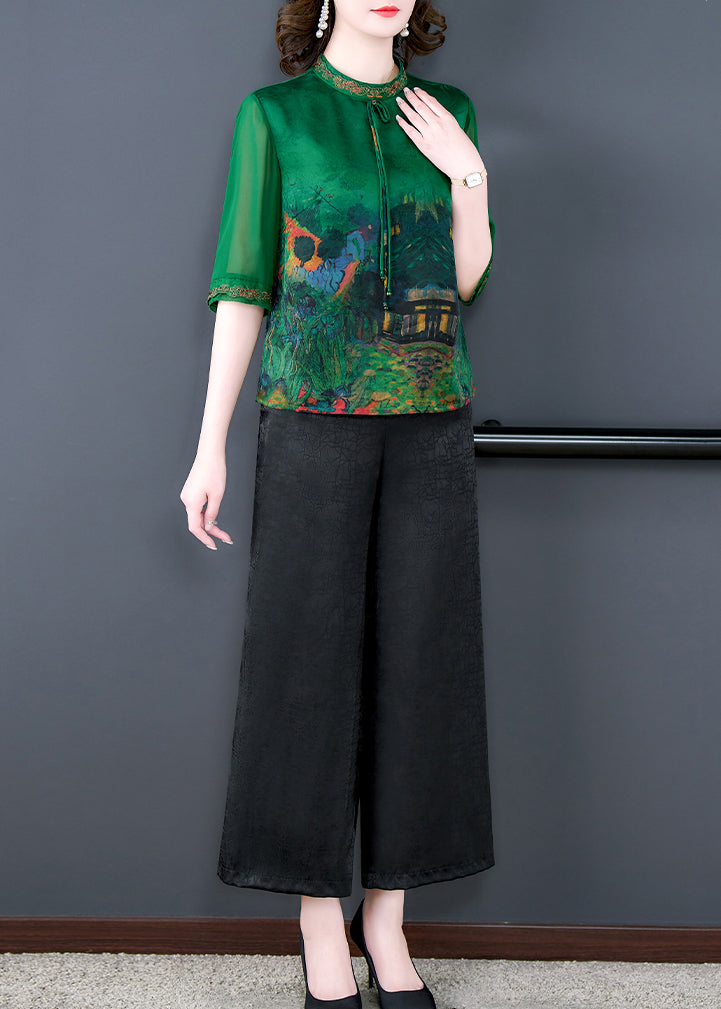 Vintage Green Print Tops And Pants Silk Two Pieces Set Summer