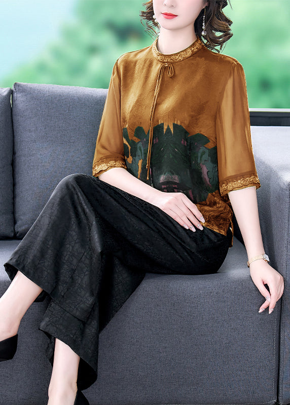 Vintage Green Print Tops And Pants Silk Two Pieces Set Summer