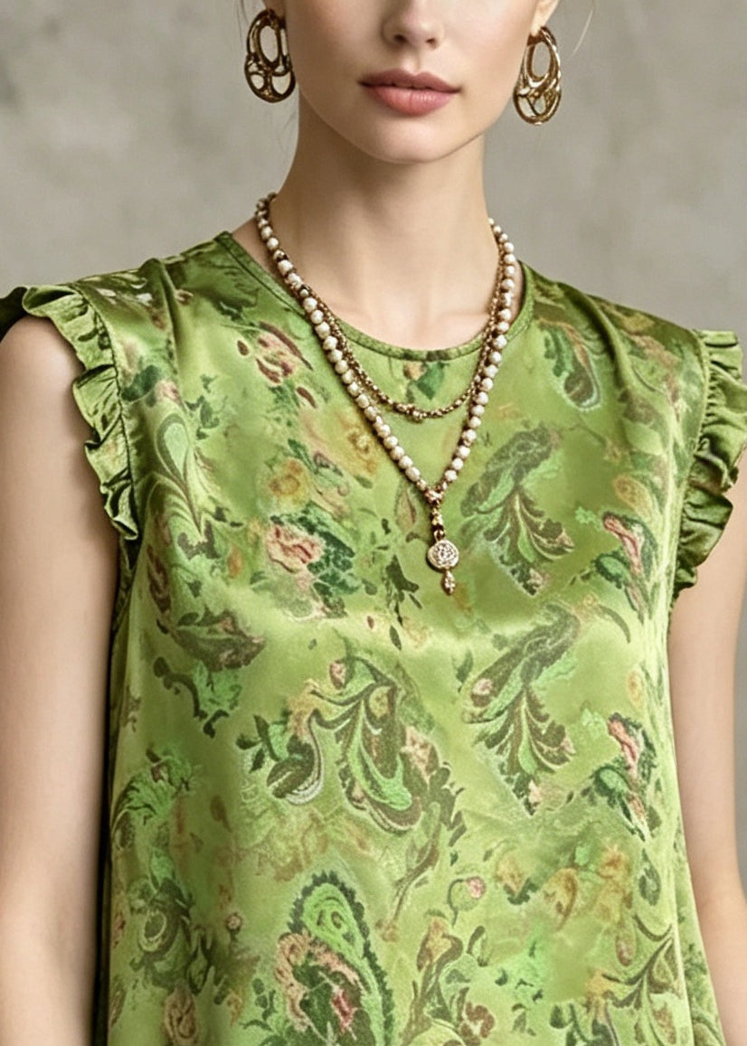 Vintage Green Ruffled Print Silk Top Sleeveless