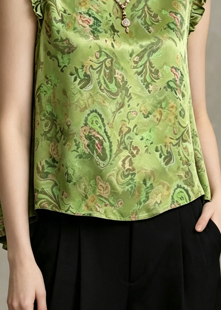 Vintage Green Ruffled Print Silk Top Sleeveless