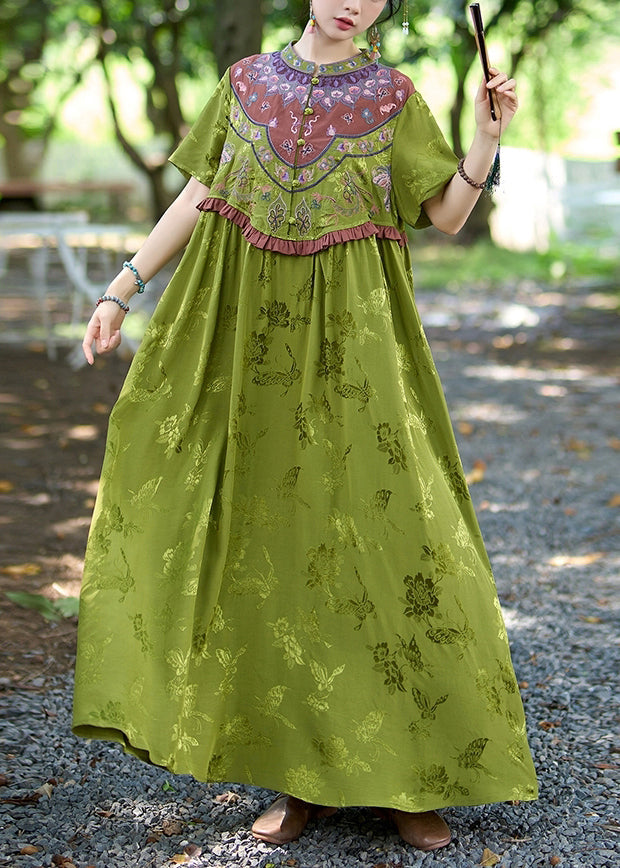 Vintage Green Stand Collar Ruffled Embroidered Silk Dresses Summer