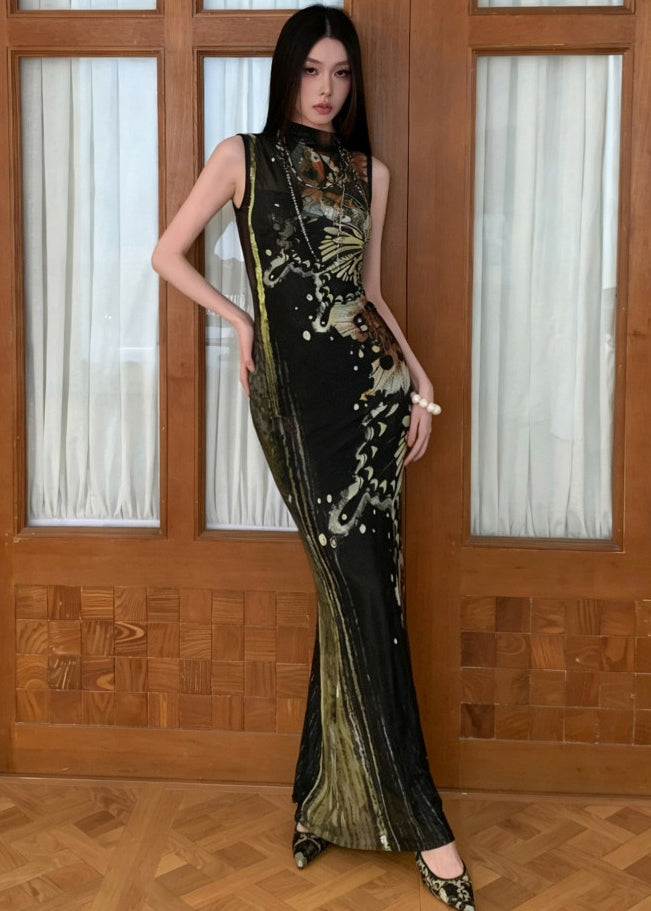 Vintage Green Stand Collar Side Open Maxi Dresses Summer