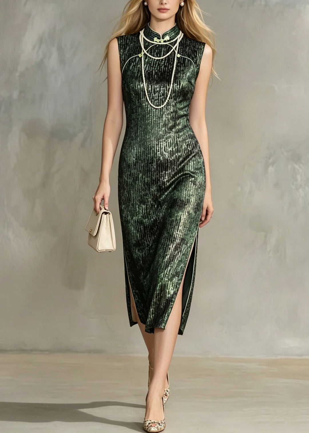 Vintage Green Stand Collar Side Open Silk Velvet Dress Summer