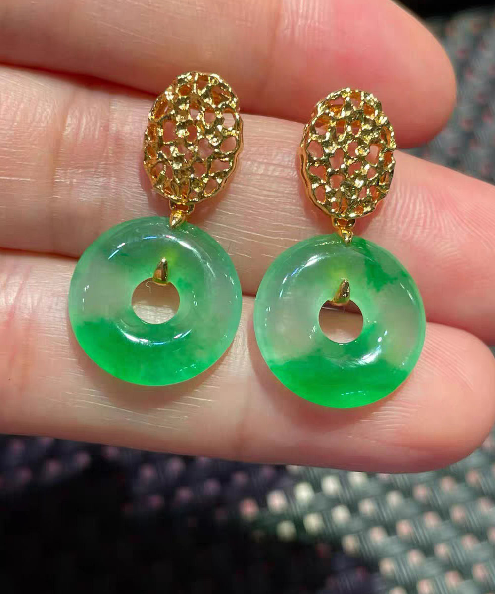 Vintage Green Sterling Silver Overgild Jade Safe Buckle Drop Earrings