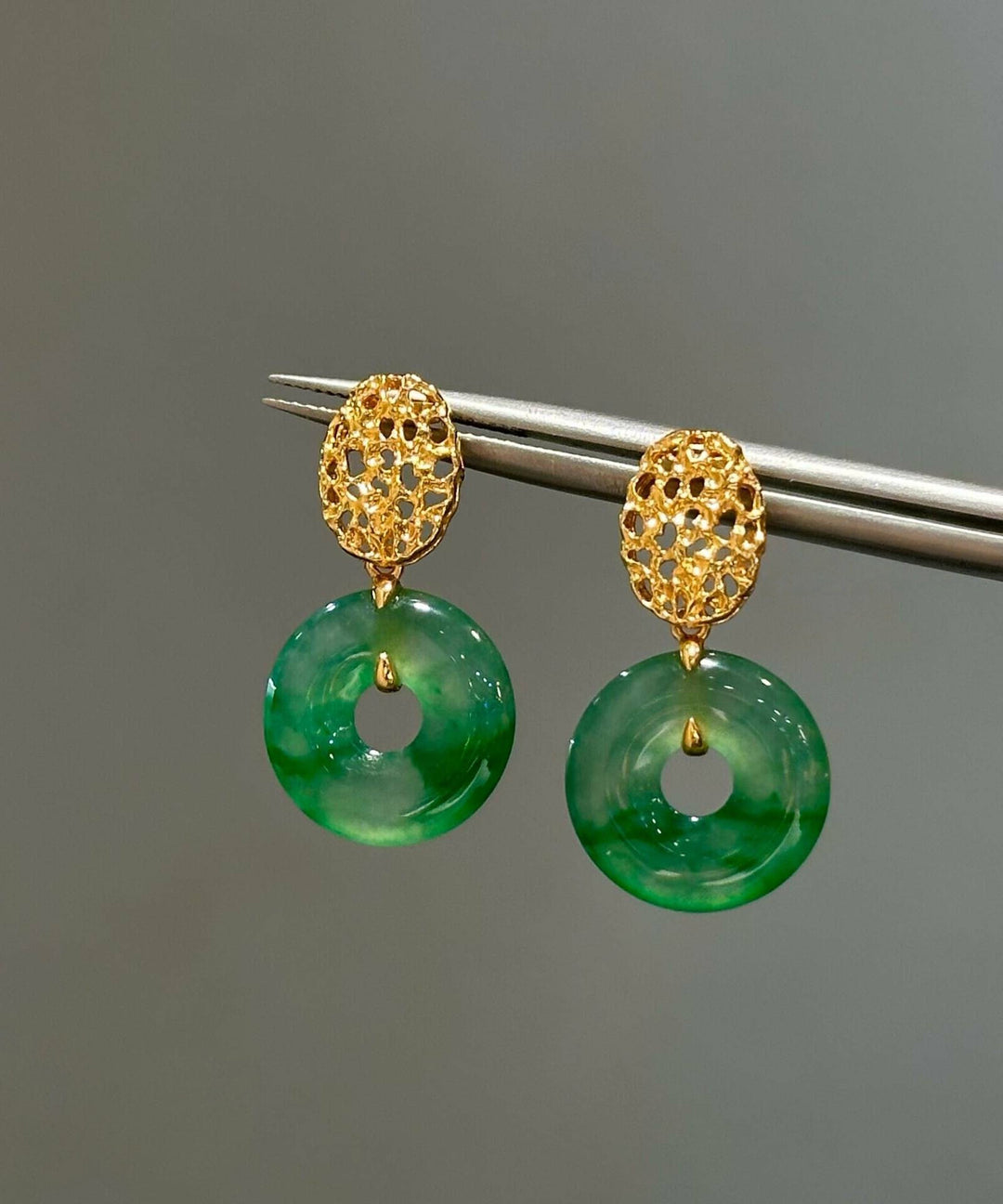 Vintage Green Sterling Silver Overgild Jade Safe Buckle Drop Earrings