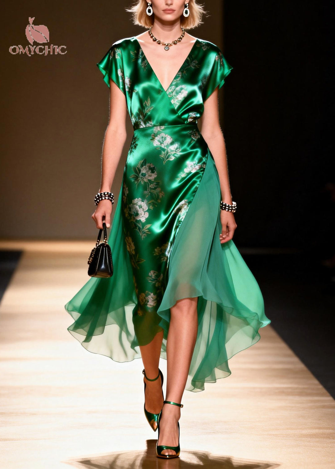 Vintage Green V Neck Patchwork Chiffon Robe Dresses Summer