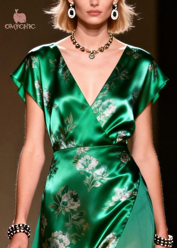 Vintage Green V Neck Patchwork Chiffon Robe Dresses Summer