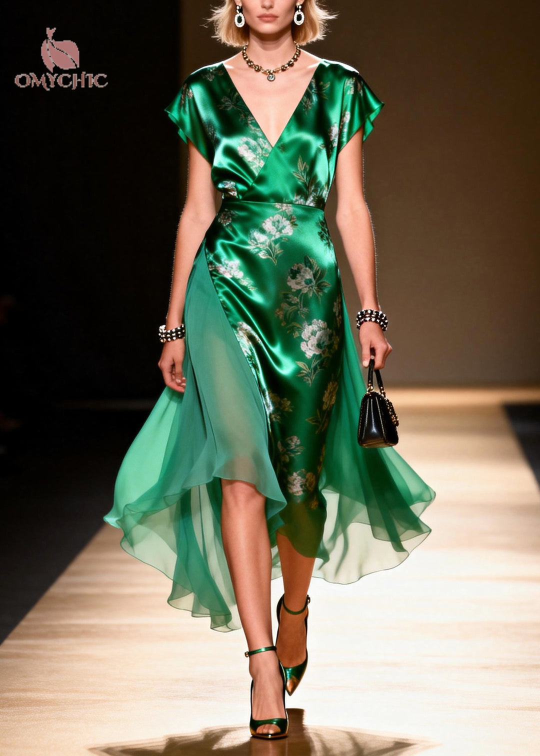Vintage Green V Neck Patchwork Chiffon Robe Dresses Summer