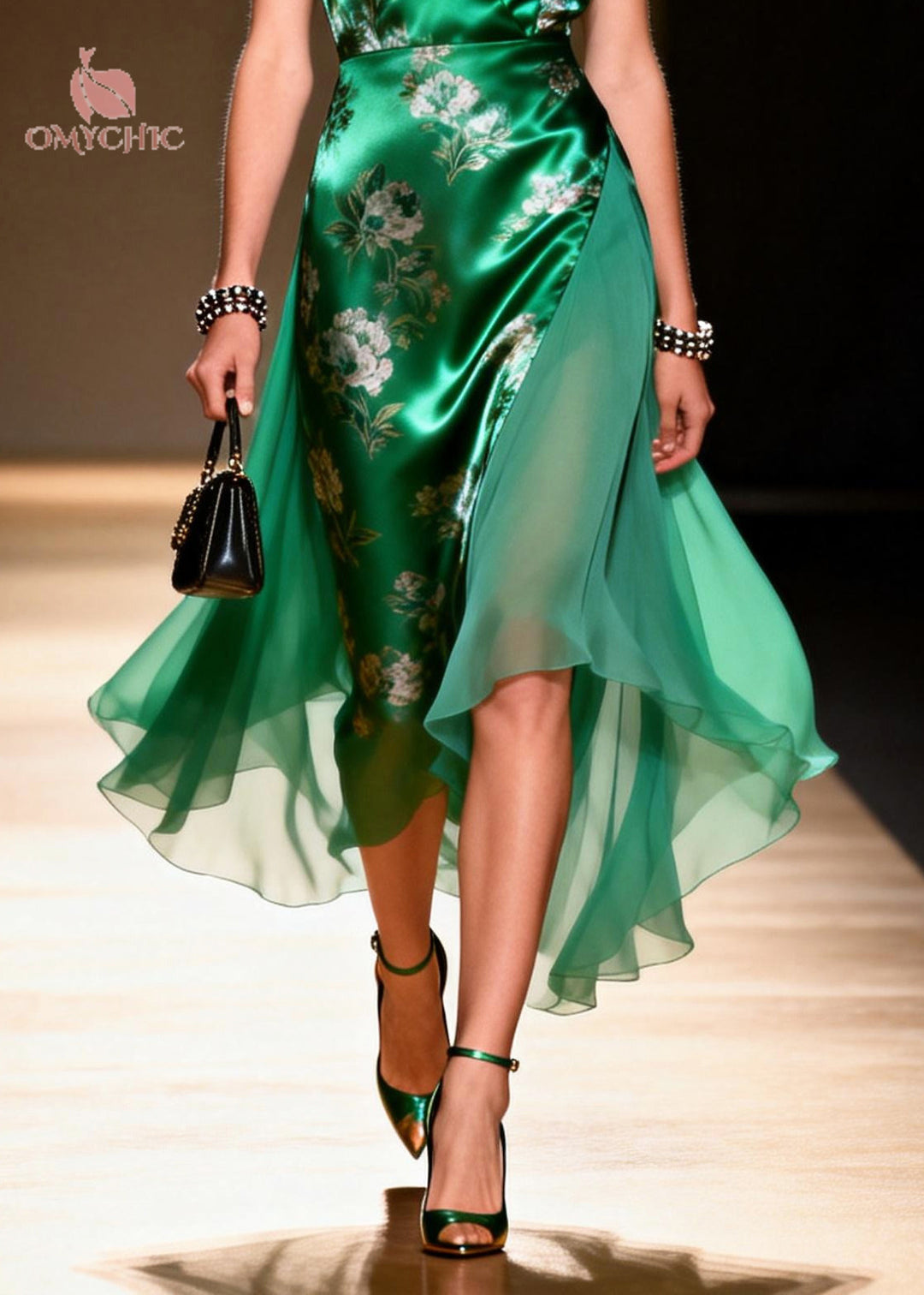 Vintage Green V Neck Patchwork Chiffon Robe Dresses Summer