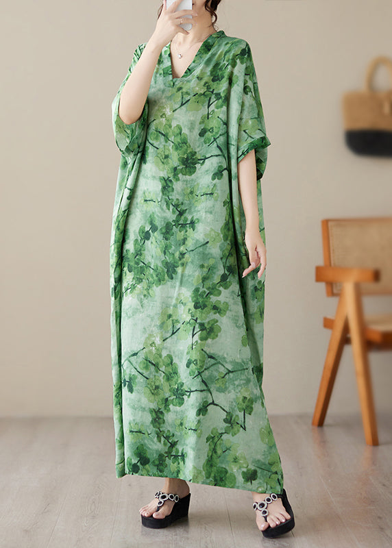 Vintage Green V Neck Print Maxi Beach Dress Short Sleeve