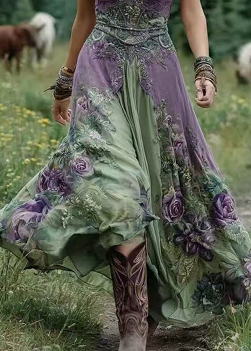 Vintage Green V Neck Print Patchwork Long Dresses Summer - Omychic