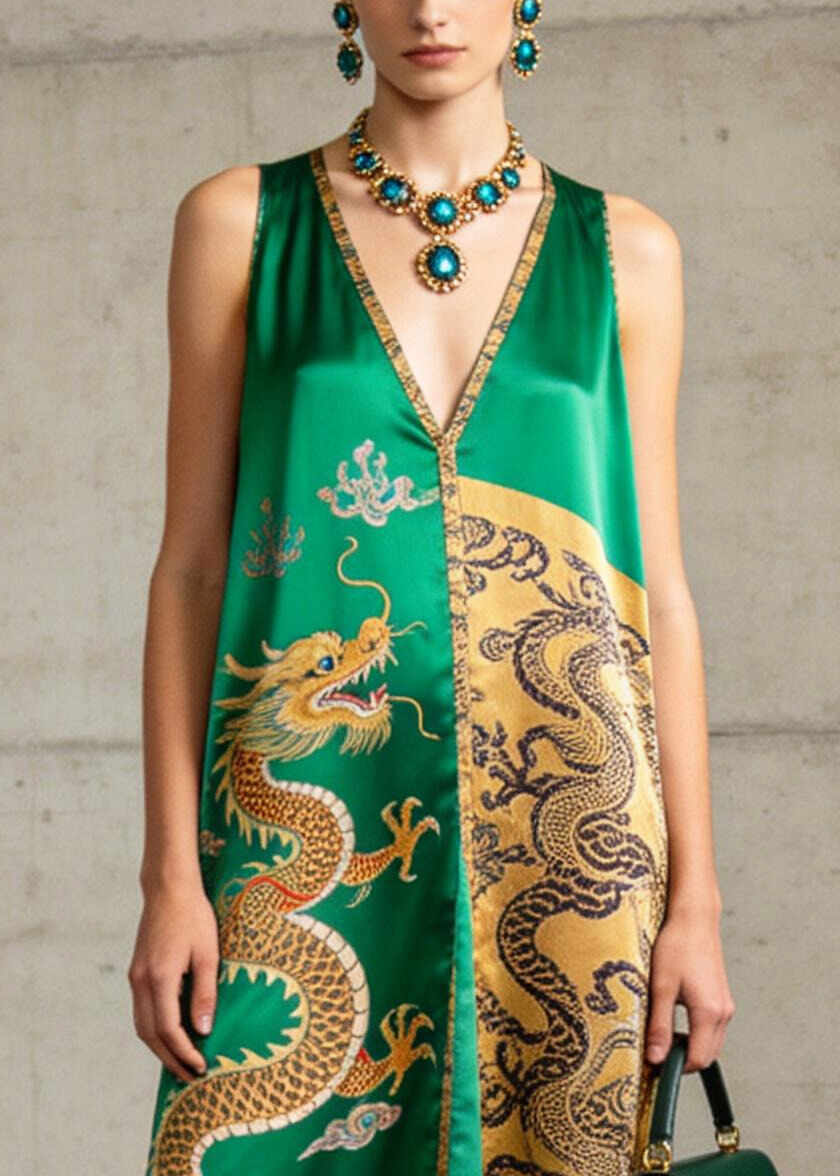 Vintage Green V Neck Print Silk A Line Dresses Sleeveless