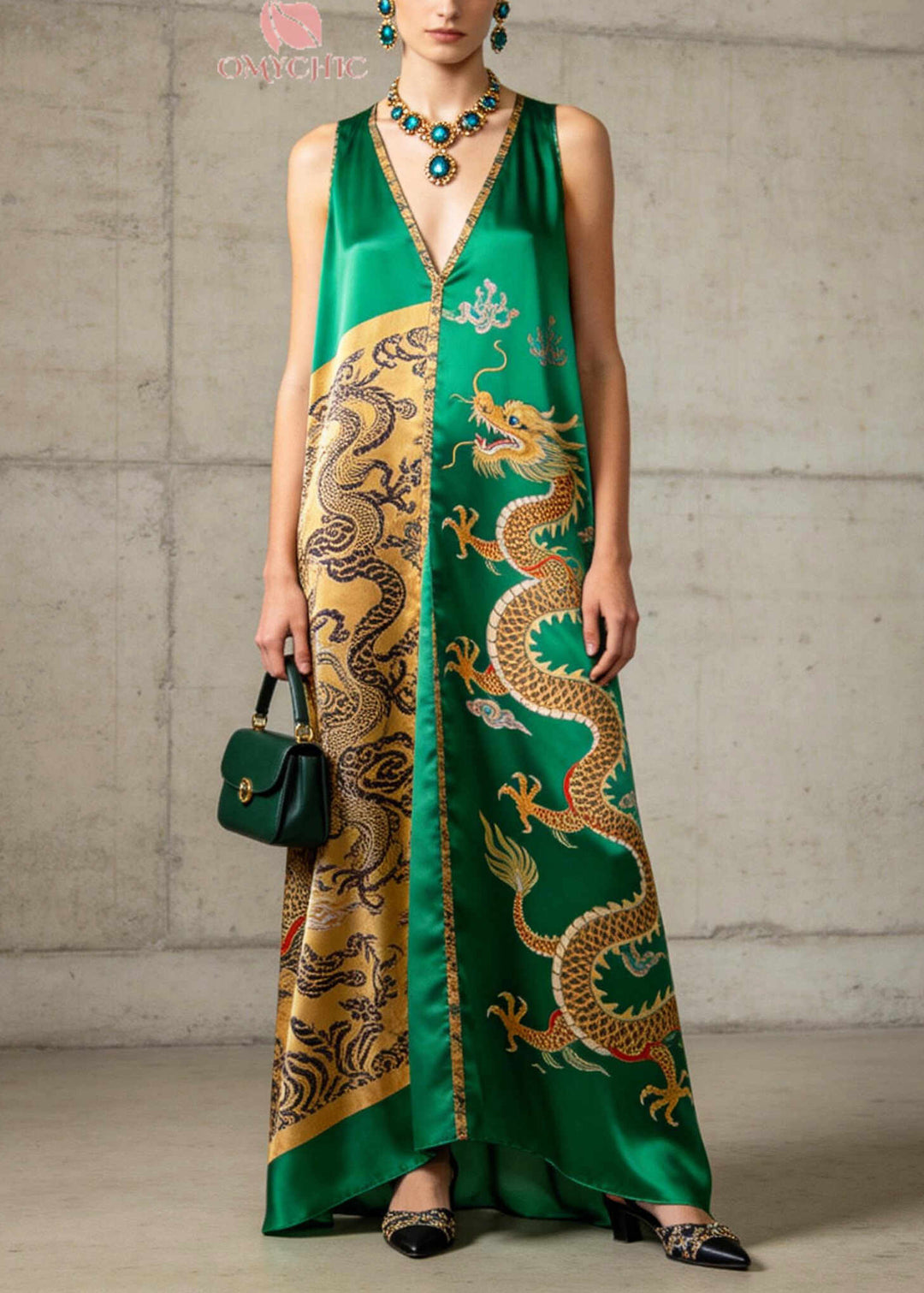Vintage Green V Neck Print Silk A Line Dresses Sleeveless