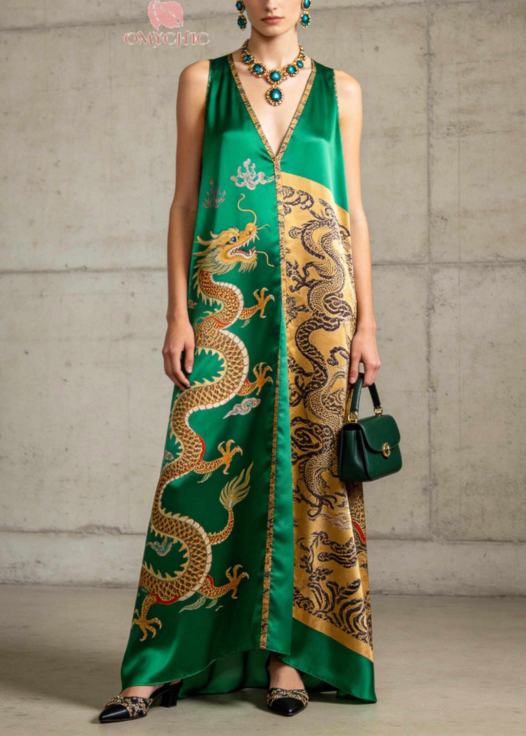 Vintage Green V Neck Print Silk A Line Dresses Sleeveless