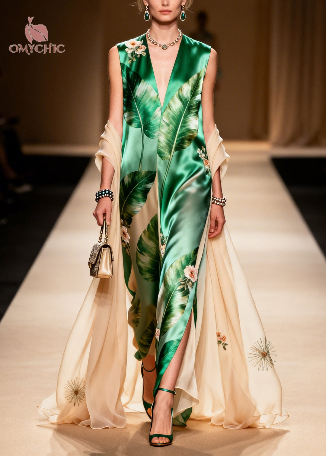 Vintage Green V Neck Print With Shawl Silk Long Dresses Summer