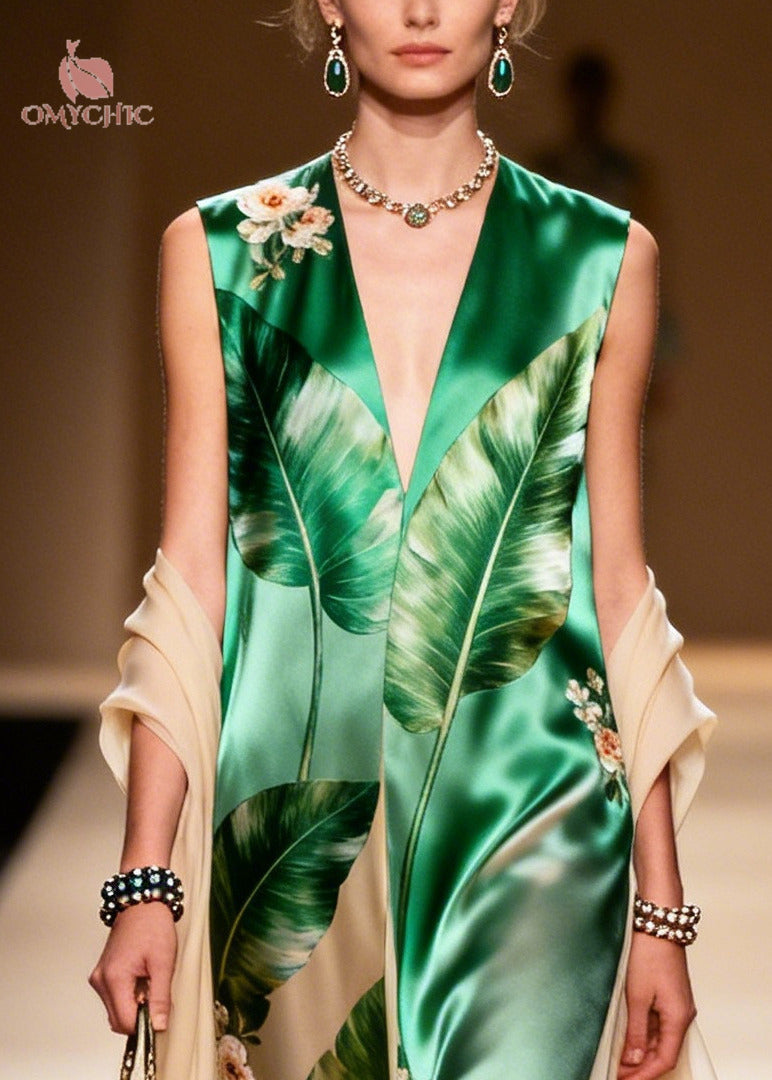 Vintage Green V Neck Print With Shawl Silk Long Dresses Summer
