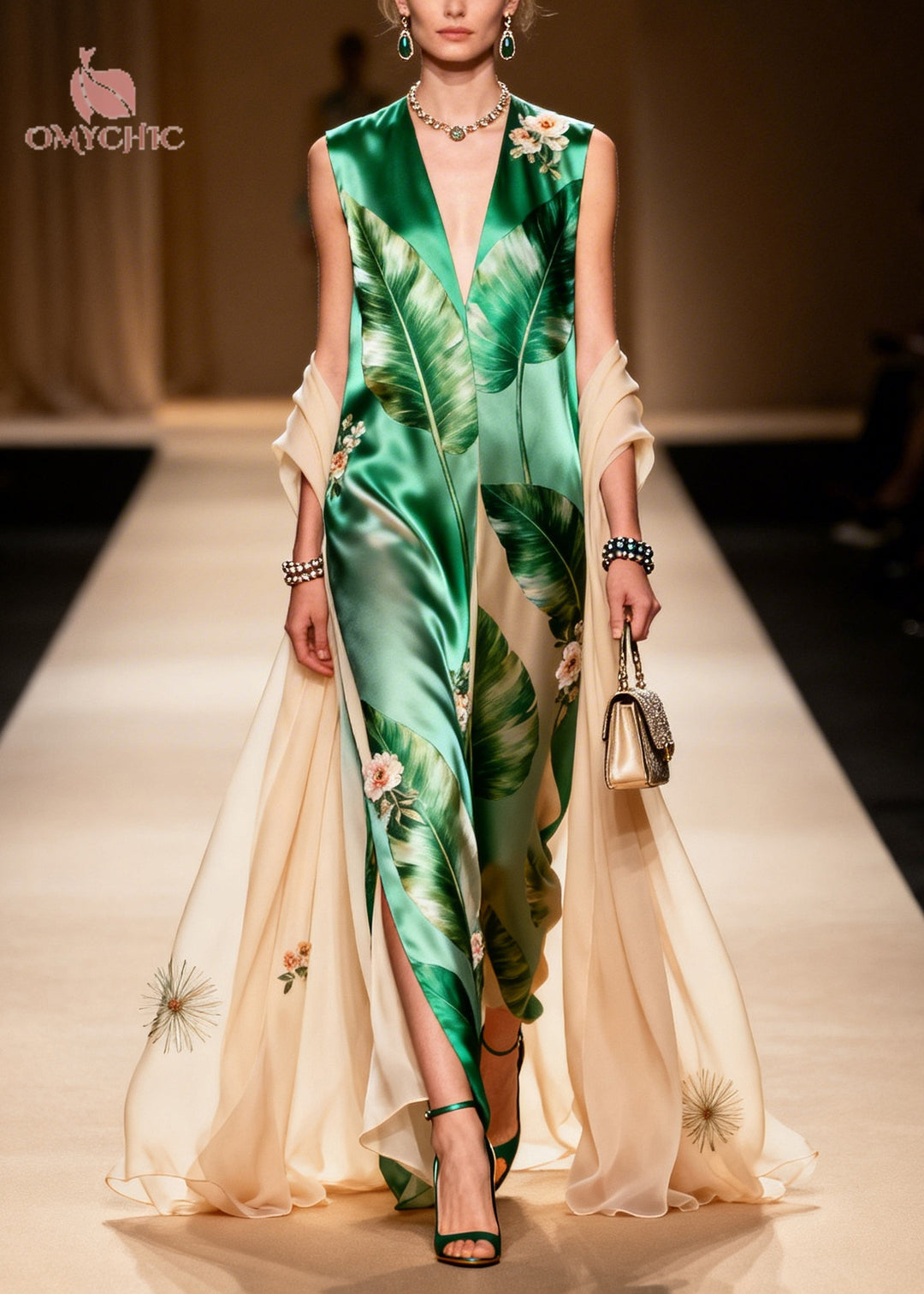 Vintage Green V Neck Print With Shawl Silk Long Dresses Summer