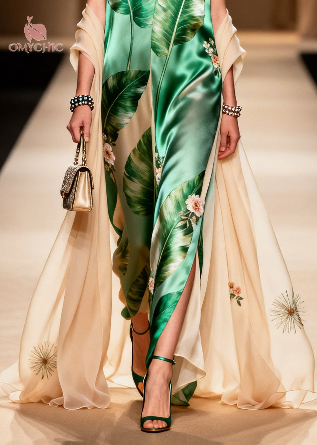 Vintage Green V Neck Print With Shawl Silk Long Dresses Summer