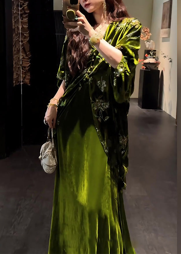 Vintage Green V Neck Silk Velvet Coats And Maxi Dress Two Pieces Set Lantern Sleeve