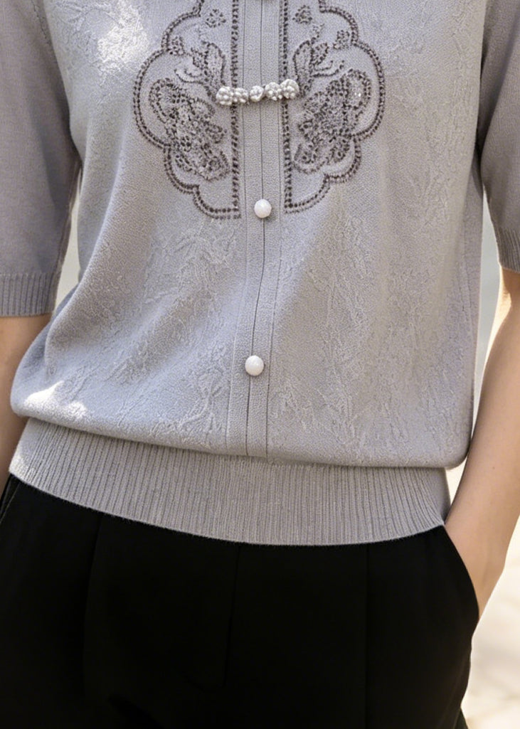 Vintage Grey Blue Jacquard Chinese Button Knit Shirt Top Summer