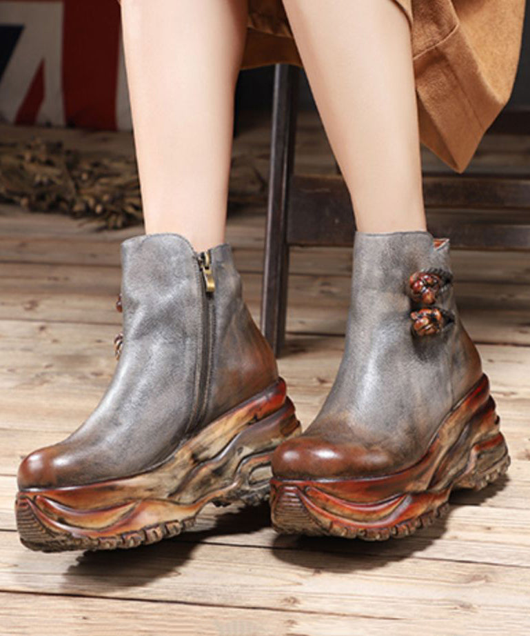 Vintage Grey Cowhide Hollow Out Splicing Zipper Leather Boots