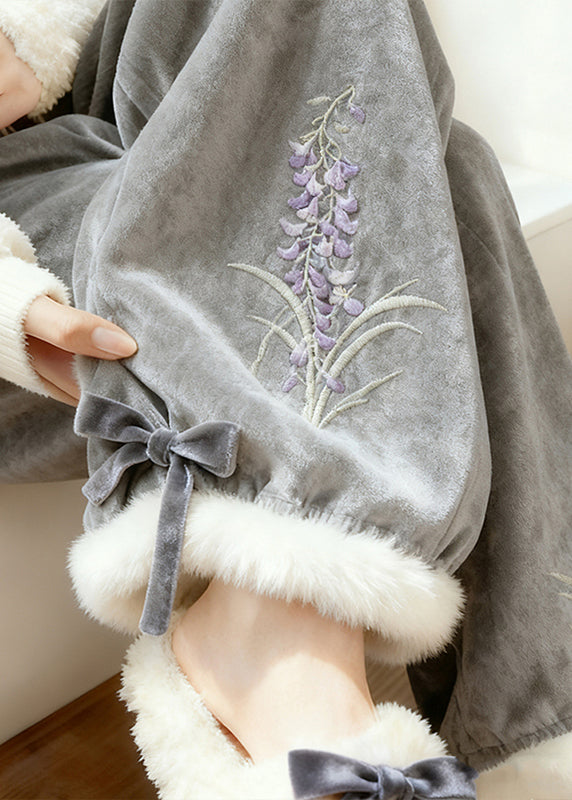 Vintage Grey Embroidered Warm Fleece Silk Velvet Pants Winter