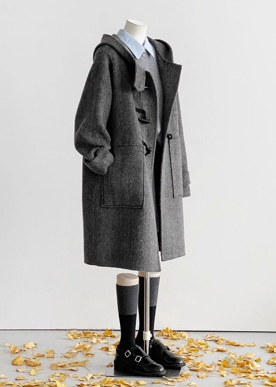 Vintage Grey Hooded Pockets Woolen Coats Winter