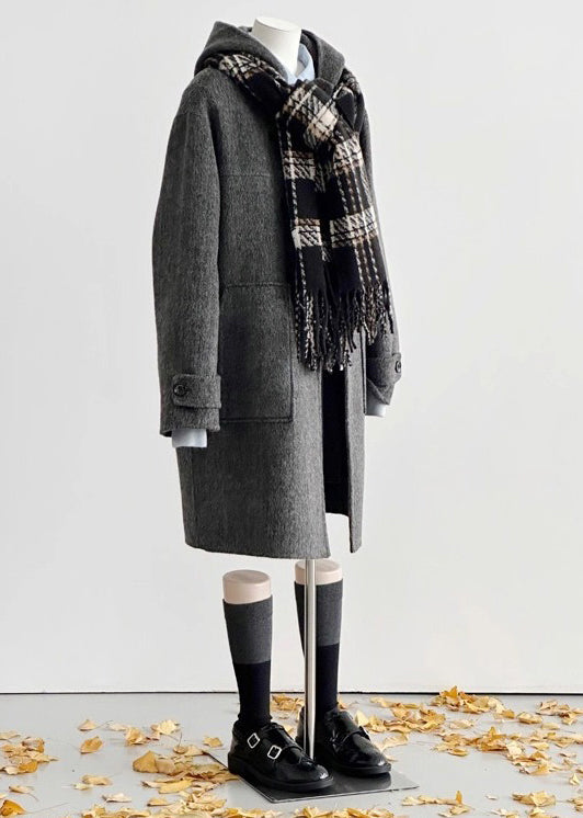 Vintage Grey Hooded Pockets Woolen Coats Winter