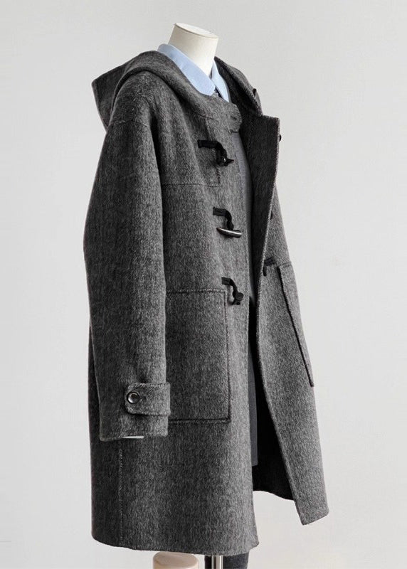 Vintage Grey Hooded Pockets Woolen Coats Winter