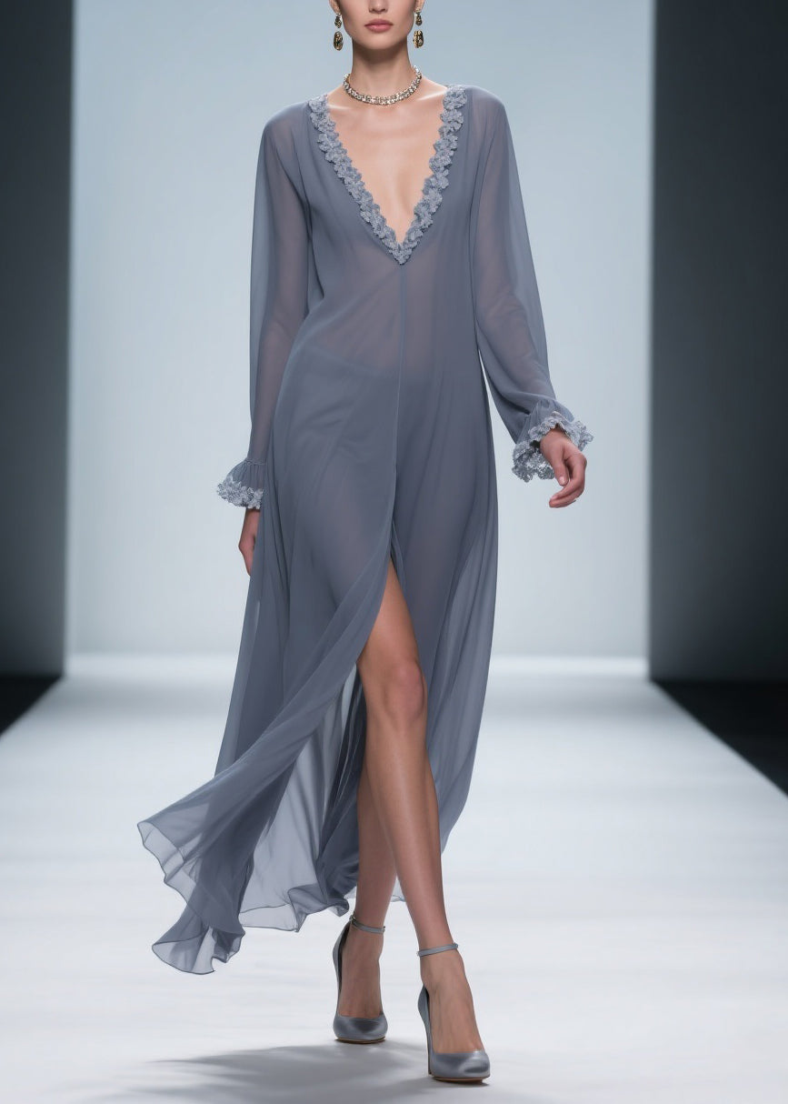 Vintage Grey Lace Side Open Chiffon Dress Flare Sleeve