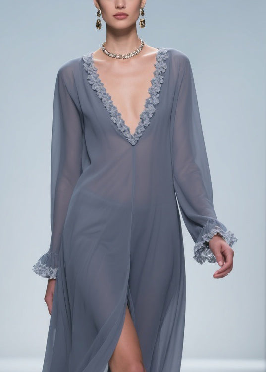 Vintage Grey Lace Side Open Chiffon Dress Flare Sleeve