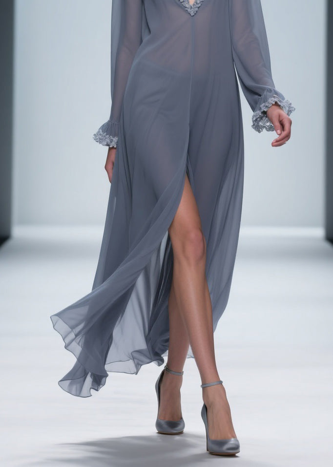 Vintage Grey Lace Side Open Chiffon Dress Flare Sleeve