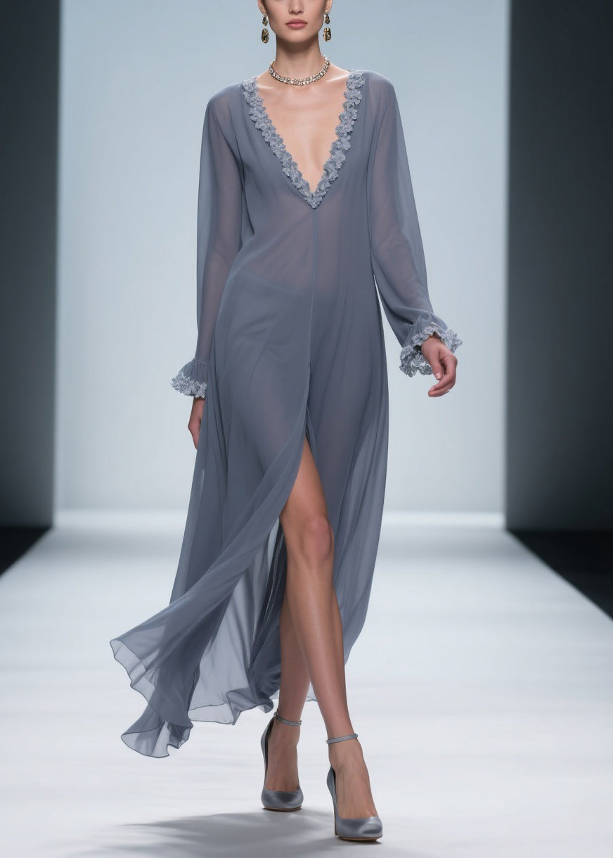 Vintage Grey Lace Side Open Chiffon Dress Flare Sleeve