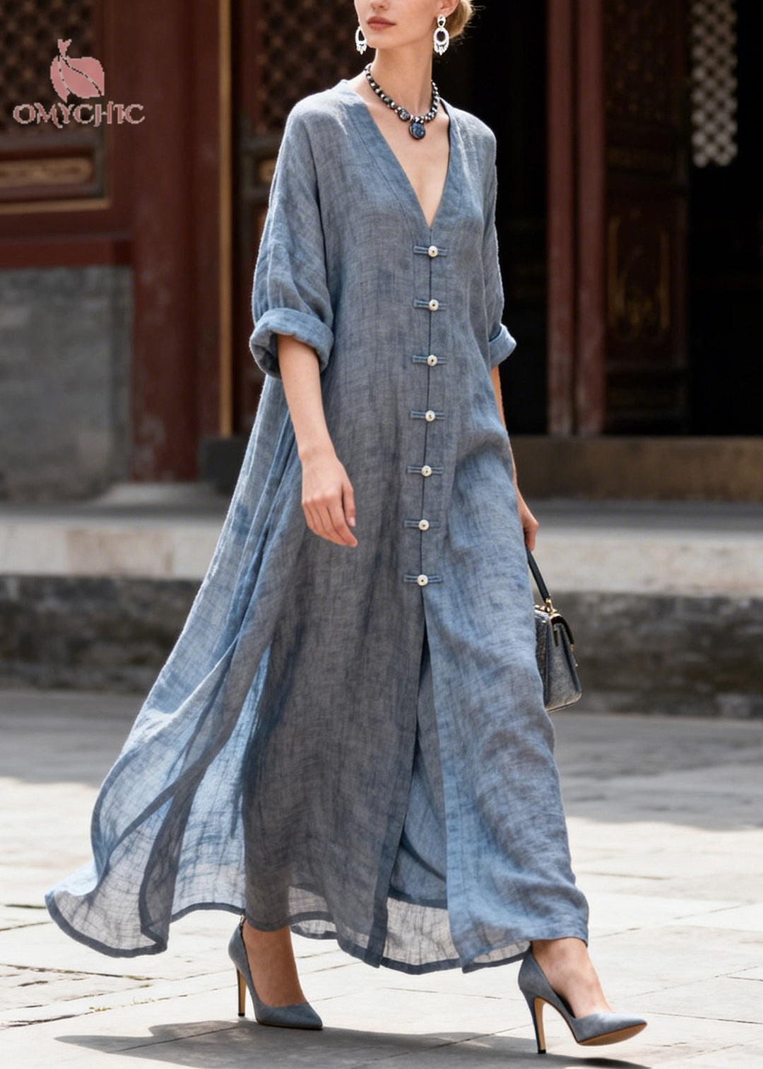 Vintage Grey Oversized Chinese Button Cotton Shirt Dresses Summer