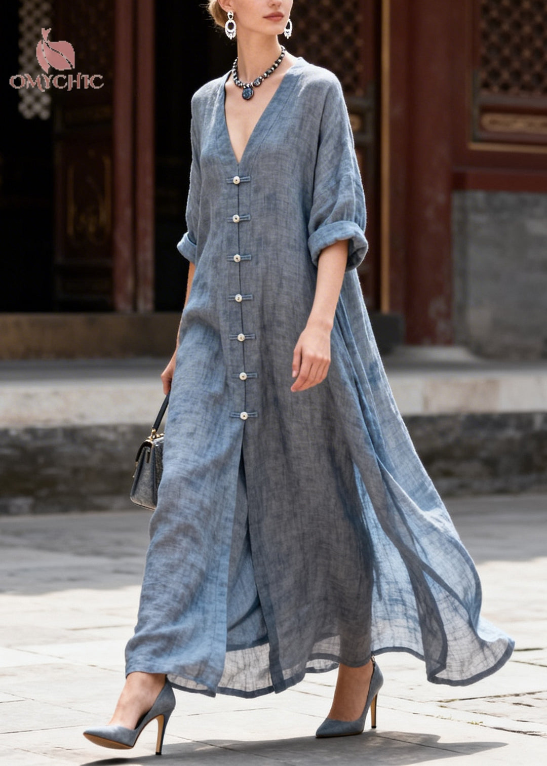 Vintage Grey Oversized Chinese Button Cotton Shirt Dresses Summer