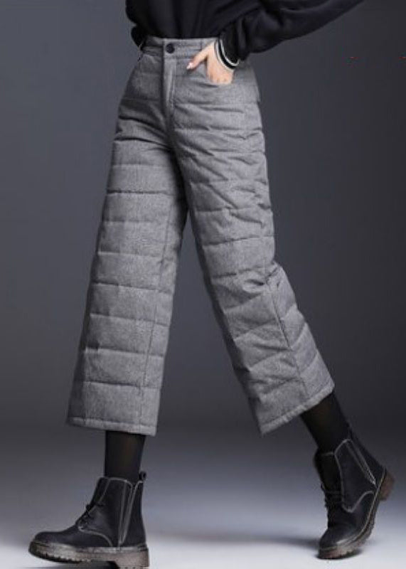 Vintage Grey Pockets High Waist Duck Down Crop Pants Winter