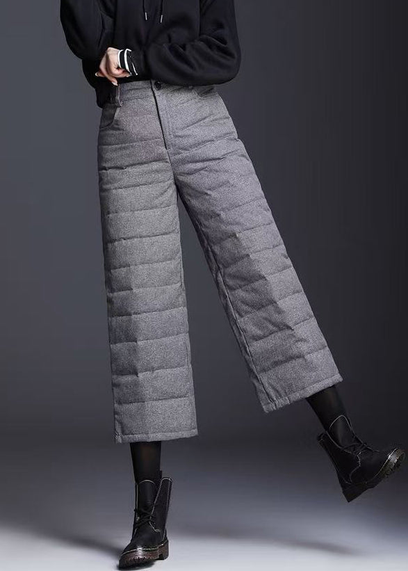 Vintage Grey Pockets High Waist Duck Down Crop Pants Winter