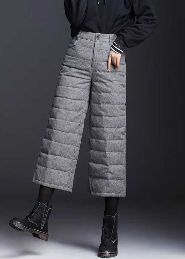 Vintage Grey Pockets High Waist Duck Down Crop Pants Winter