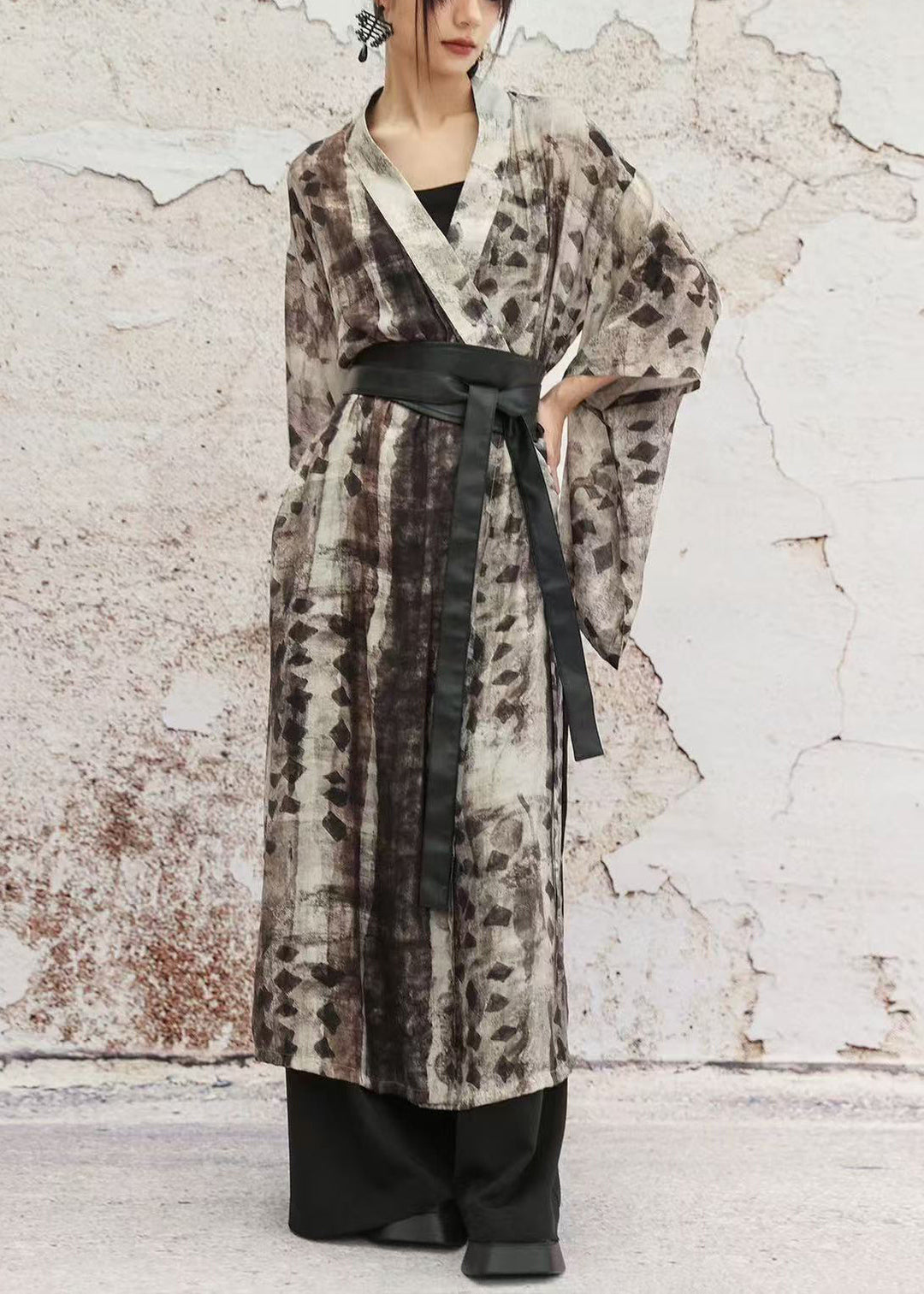 Vintage Grey Print Lace Up Side Open Cotton Long Coat Half Sleeve