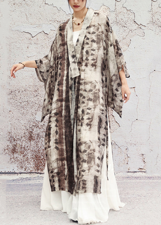 Vintage Grey Print Lace Up Side Open Cotton Long Coat Half Sleeve