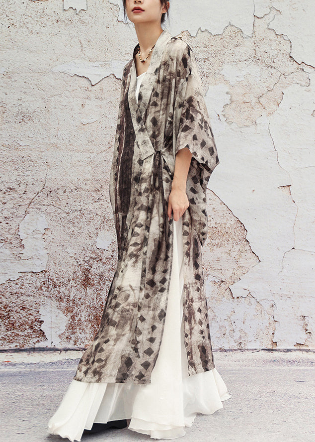 Vintage Grey Print Lace Up Side Open Cotton Long Coat Half Sleeve