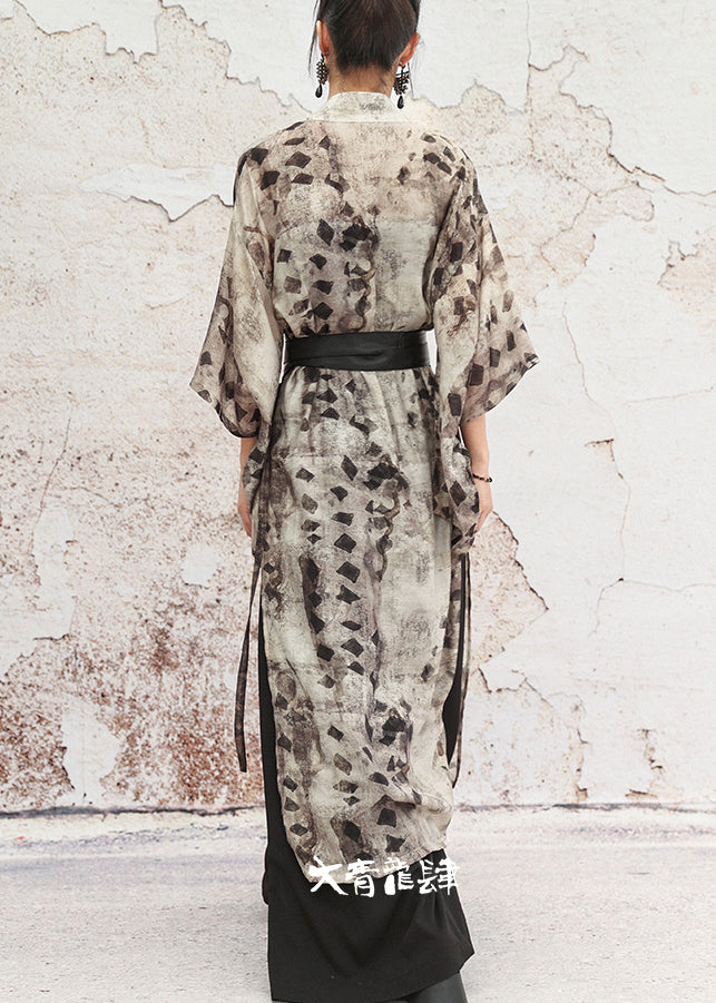 Vintage Grey Print Lace Up Side Open Cotton Long Coat Half Sleeve