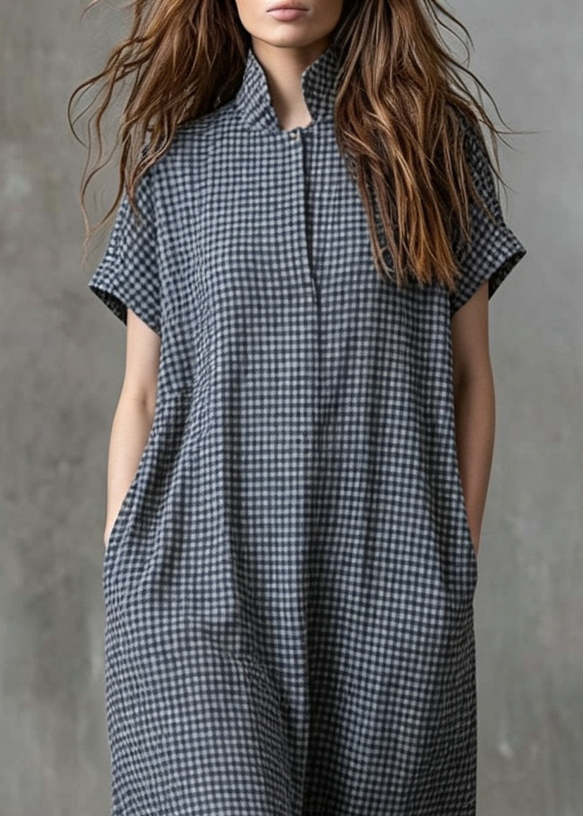 Vintage Grey Stand Collar Plaid Cotton Long Dress Summer