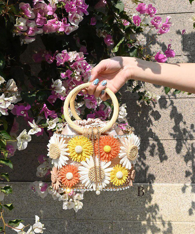 Vintage Handmade Woven Floral Beach Vacation Bucket Bag