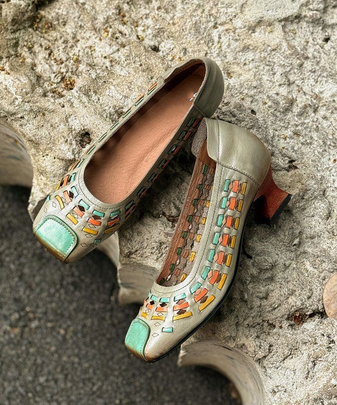 Vintage Hollow Out Splicing Chunky High Heels Grey Cowhide Leather